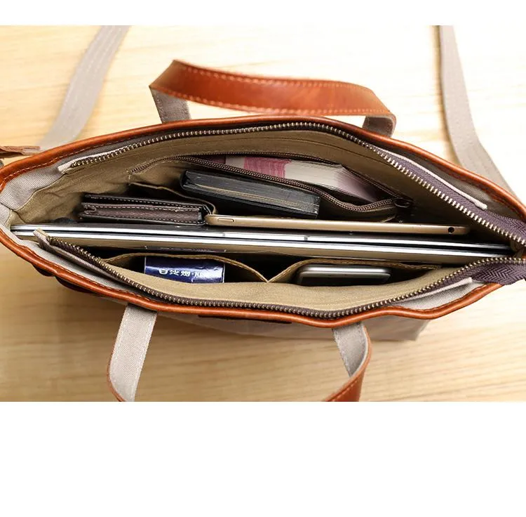 Casual Canvas Leather Mens Womens Large 13" Brown Handbag Tote Bag Beige Shoulder Bag Tote Purse For Men