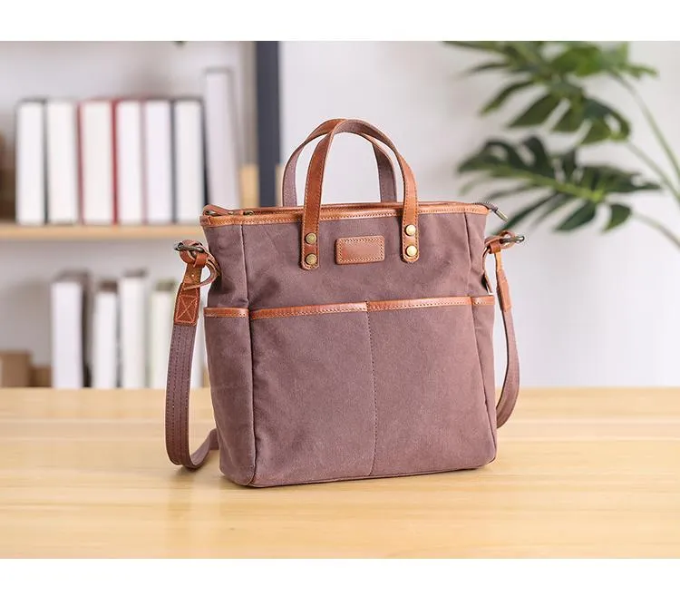 Casual Canvas Leather Mens Womens Large 13" Brown Handbag Tote Bag Beige Shoulder Bag Tote Purse For Men