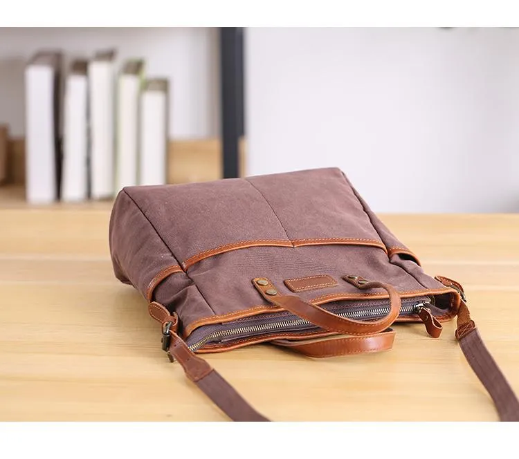 Casual Canvas Leather Mens Womens Large 13" Brown Handbag Tote Bag Beige Shoulder Bag Tote Purse For Men