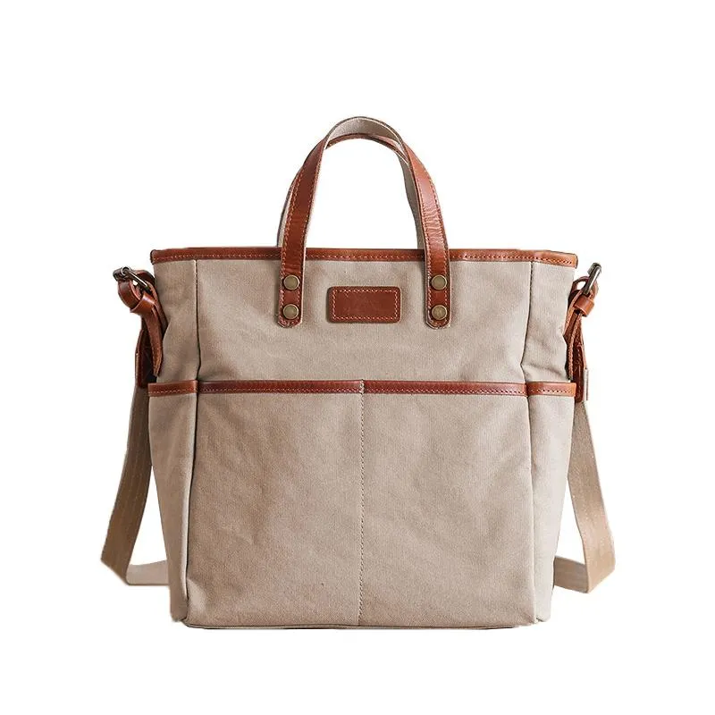 Casual Canvas Leather Mens Womens Large 13" Brown Handbag Tote Bag Beige Shoulder Bag Tote Purse For Men