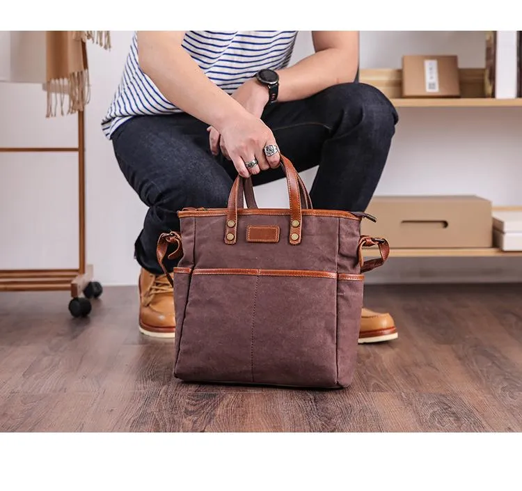 Casual Canvas Leather Mens Womens Large 13" Brown Handbag Tote Bag Beige Shoulder Bag Tote Purse For Men