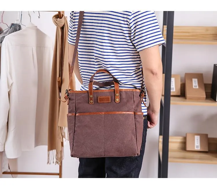 Casual Canvas Leather Mens Womens Large 13" Brown Handbag Tote Bag Beige Shoulder Bag Tote Purse For Men