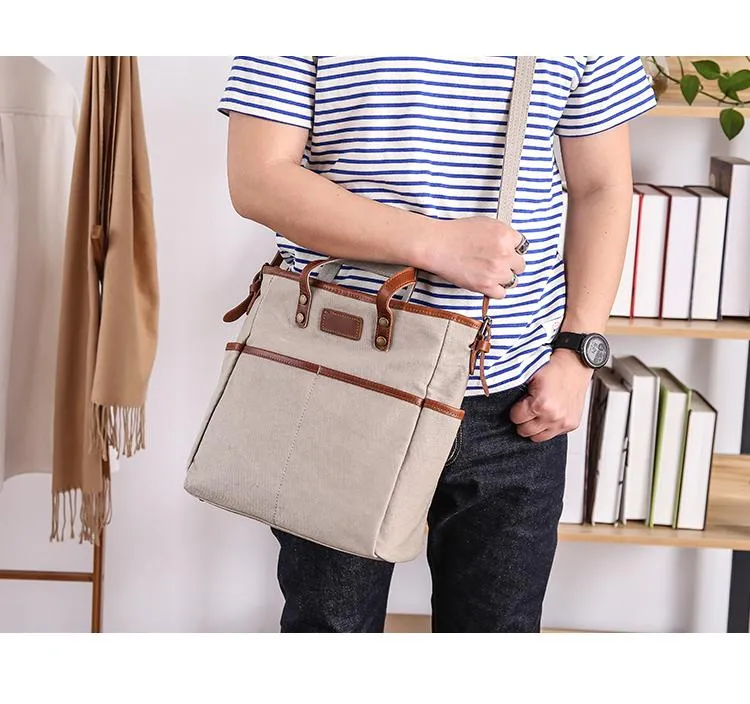 Casual Canvas Leather Mens Womens Large 13" Brown Handbag Tote Bag Beige Shoulder Bag Tote Purse For Men