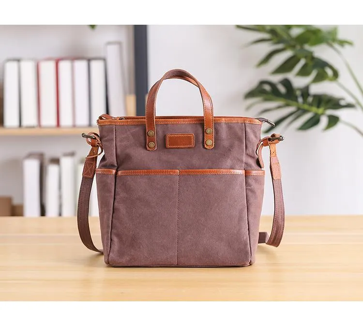 Casual Canvas Leather Mens Womens Large 13" Brown Handbag Tote Bag Beige Shoulder Bag Tote Purse For Men