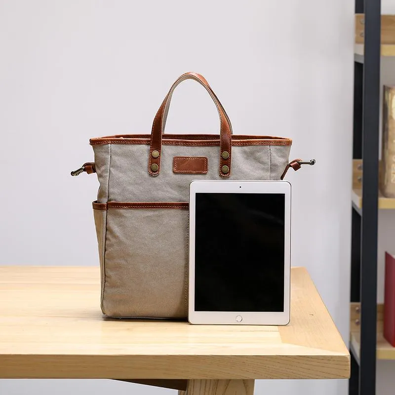 Casual Canvas Leather Mens Womens Large 13" Brown Handbag Tote Bag Beige Shoulder Bag Tote Purse For Men
