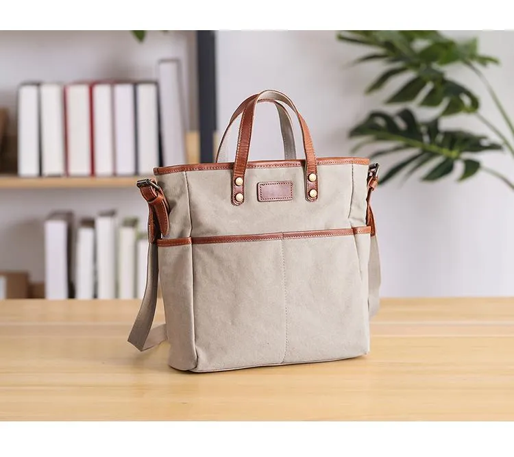 Casual Canvas Leather Mens Womens Large 13" Brown Handbag Tote Bag Beige Shoulder Bag Tote Purse For Men