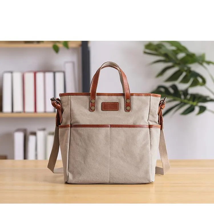 Casual Canvas Leather Mens Womens Large 13" Brown Handbag Tote Bag Beige Shoulder Bag Tote Purse For Men
