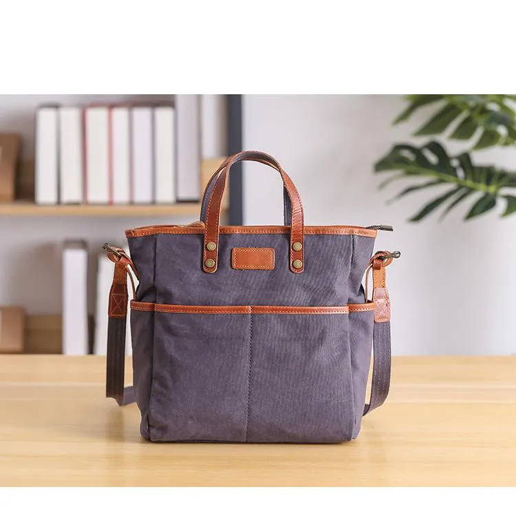 Casual Canvas Leather Mens Womens Large 13" Brown Handbag Tote Bag Beige Shoulder Bag Tote Purse For Men