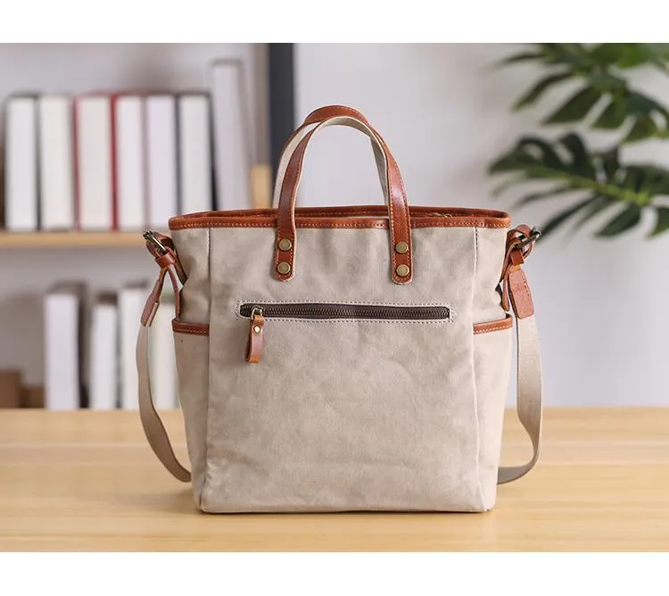 Casual Canvas Leather Mens Womens Large 13" Brown Handbag Tote Bag Beige Shoulder Bag Tote Purse For Men