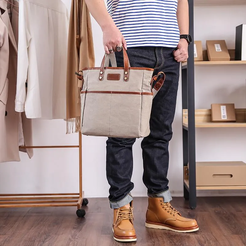 Casual Canvas Leather Mens Womens Large 13" Brown Handbag Tote Bag Beige Shoulder Bag Tote Purse For Men