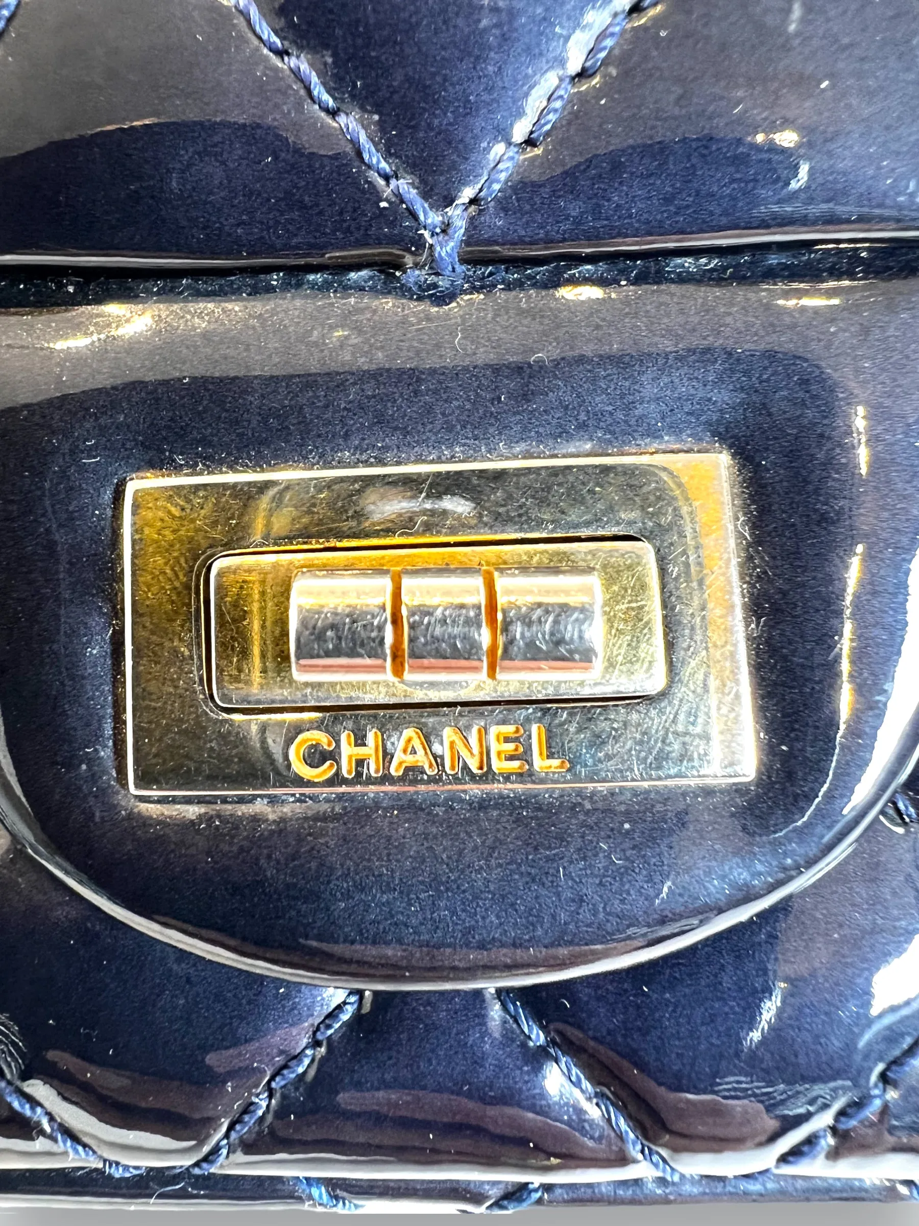 Chanel Navy Patent Leather Double Compartment Reissue 2.55