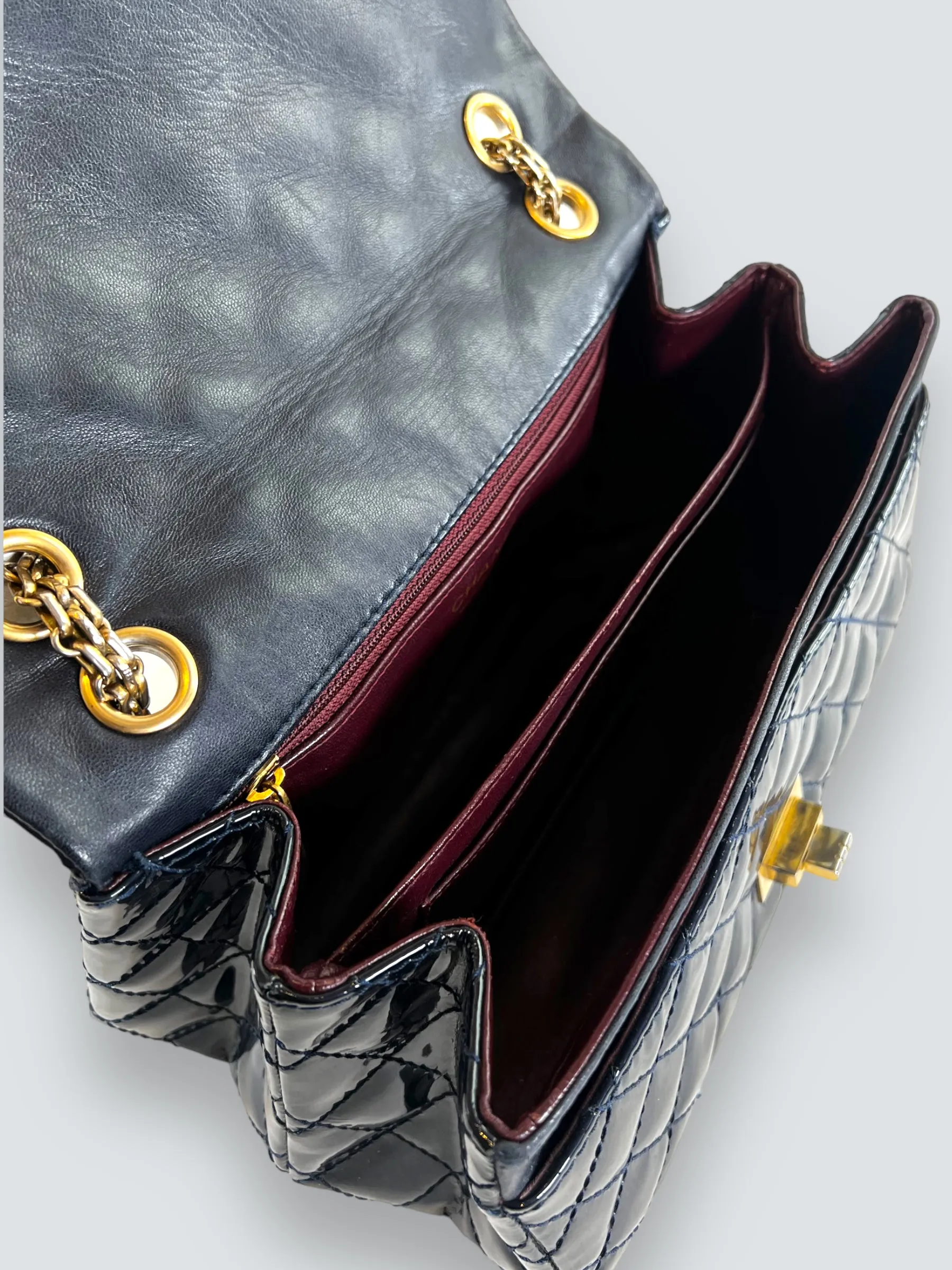 Chanel Navy Patent Leather Double Compartment Reissue 2.55