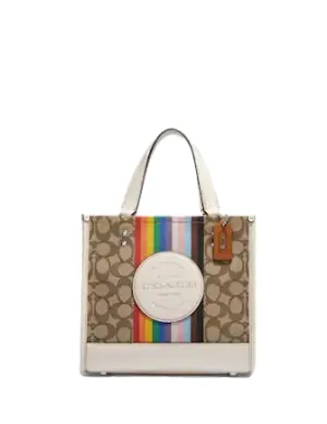 Coach Dempsey Tote 22 In Signature Jacquard With Rainbow Stripe And Coach Patch