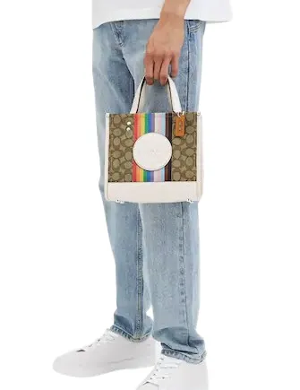 Coach Dempsey Tote 22 In Signature Jacquard With Rainbow Stripe And Coach Patch