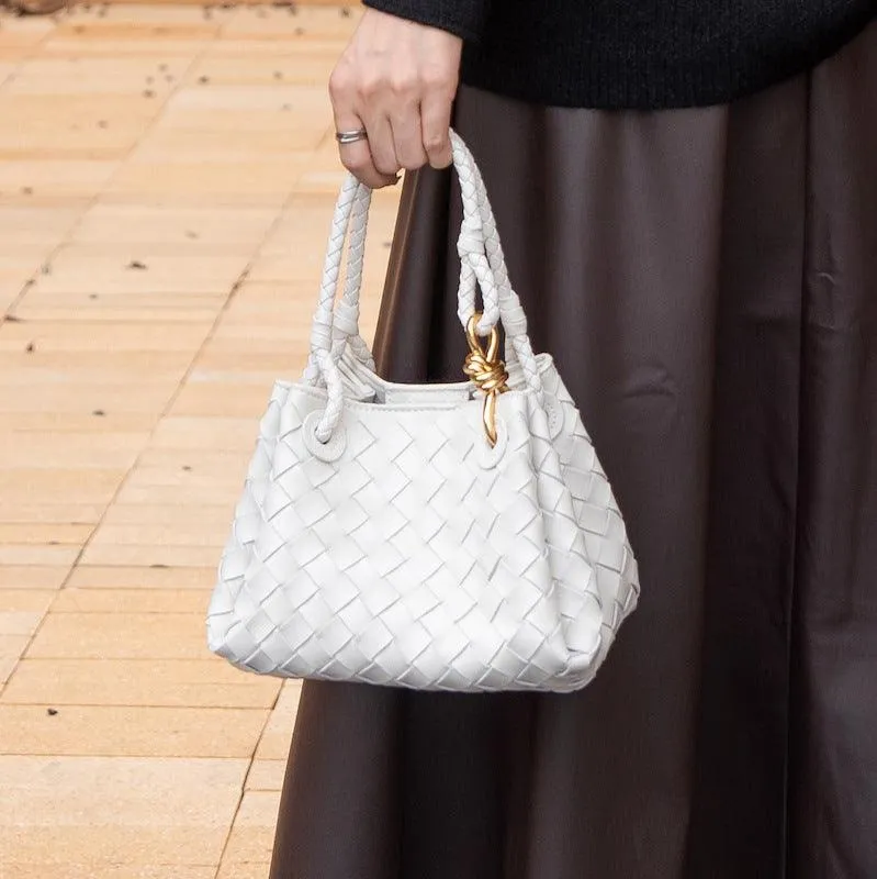 Double-Sided Weaving Noir Woven Lambskin Leather Shoulder Bag with Braided Handle and Gold Accents