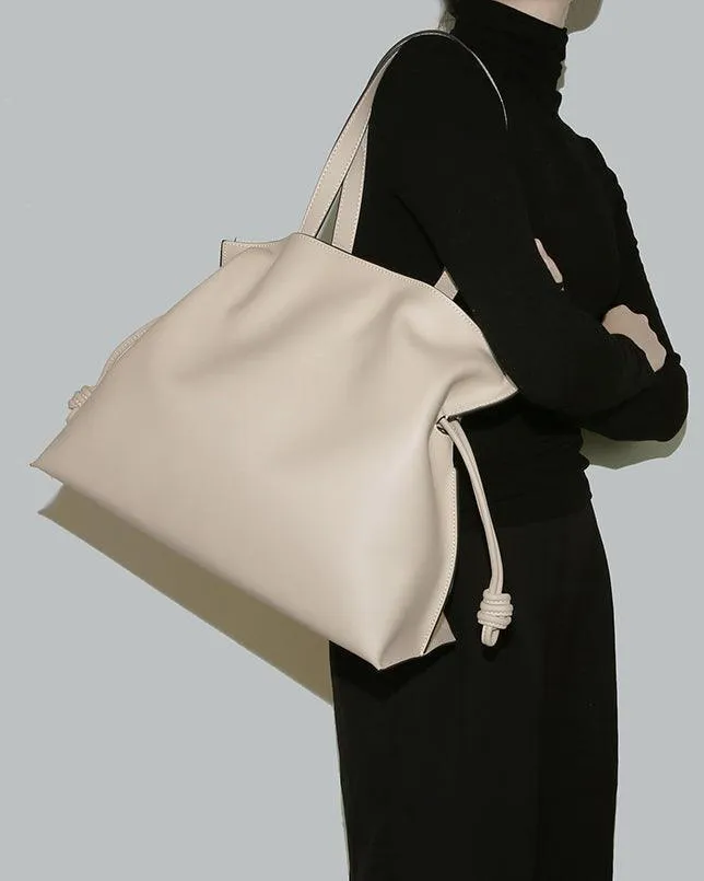 Elegant Oversized Cowhide Leather Tote Bag for Women with Drawstring Closure
