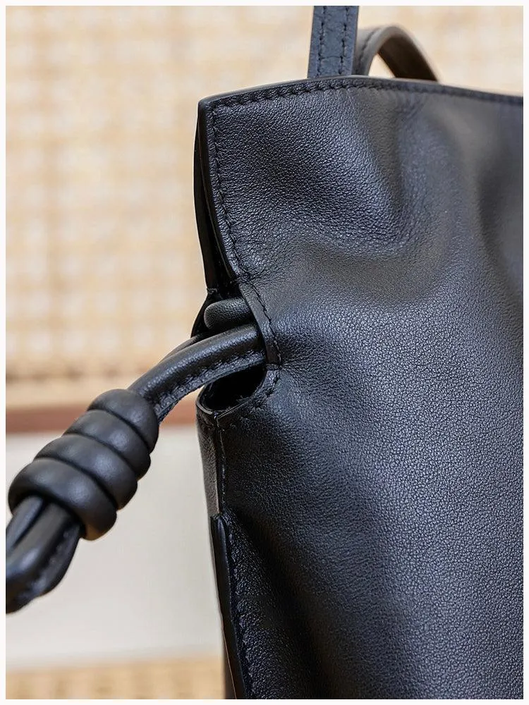 Elegant Oversized Cowhide Leather Tote Bag for Women with Drawstring Closure