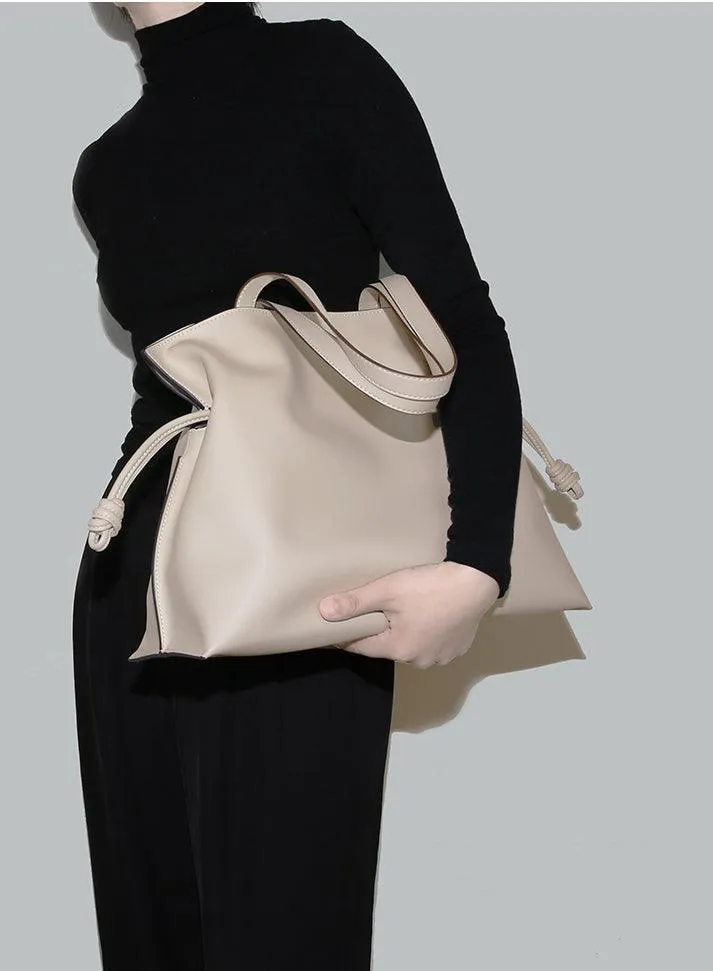 Elegant Oversized Cowhide Leather Tote Bag for Women with Drawstring Closure