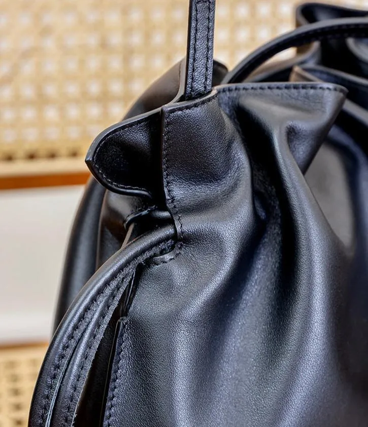 Elegant Oversized Cowhide Leather Tote Bag for Women with Drawstring Closure