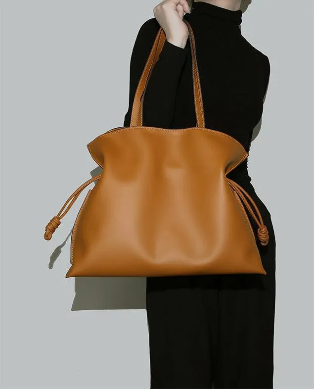 Elegant Oversized Cowhide Leather Tote Bag for Women with Drawstring Closure