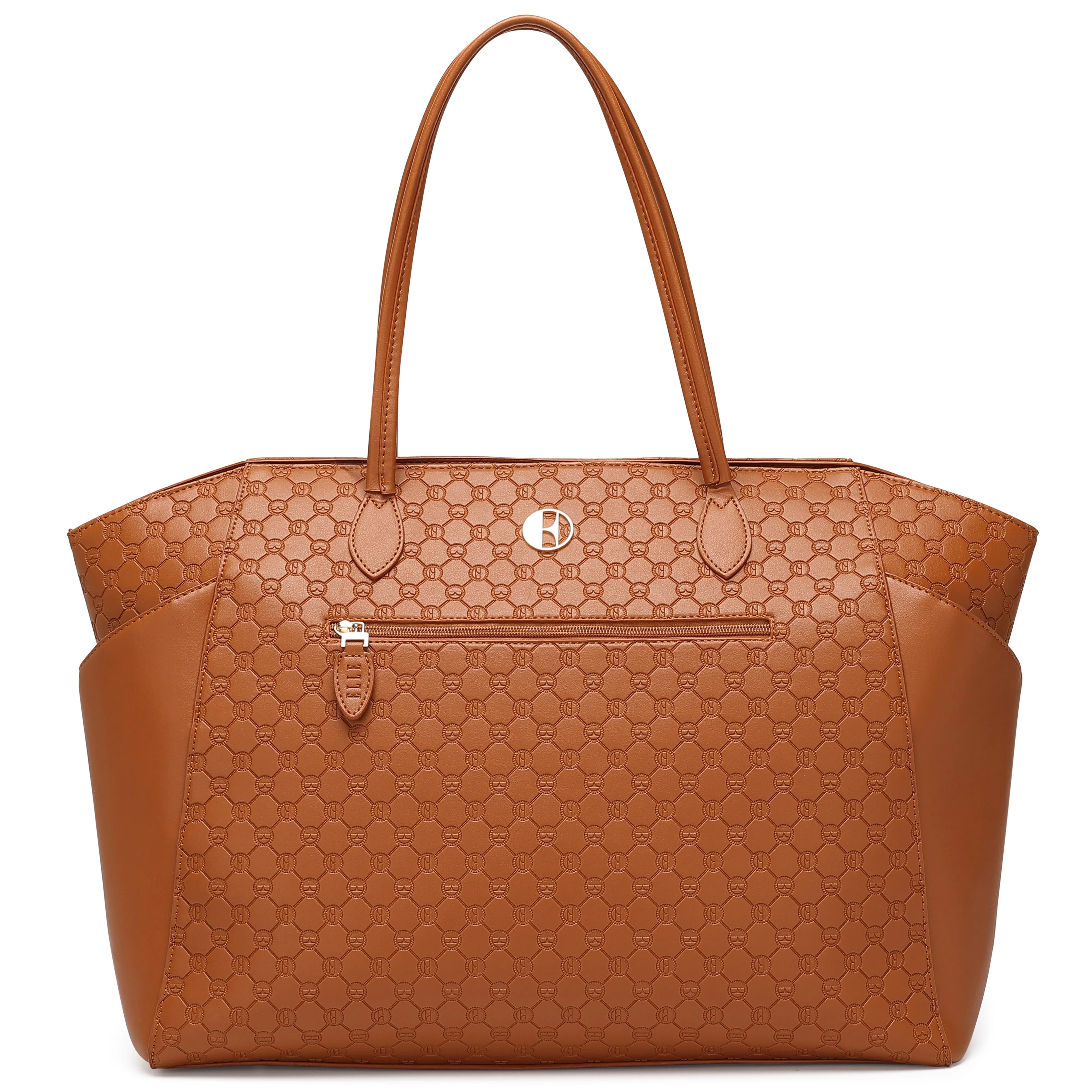 ELLE Compass 32L Vegan Leather Monogram Weekender Tote Bag | Brown