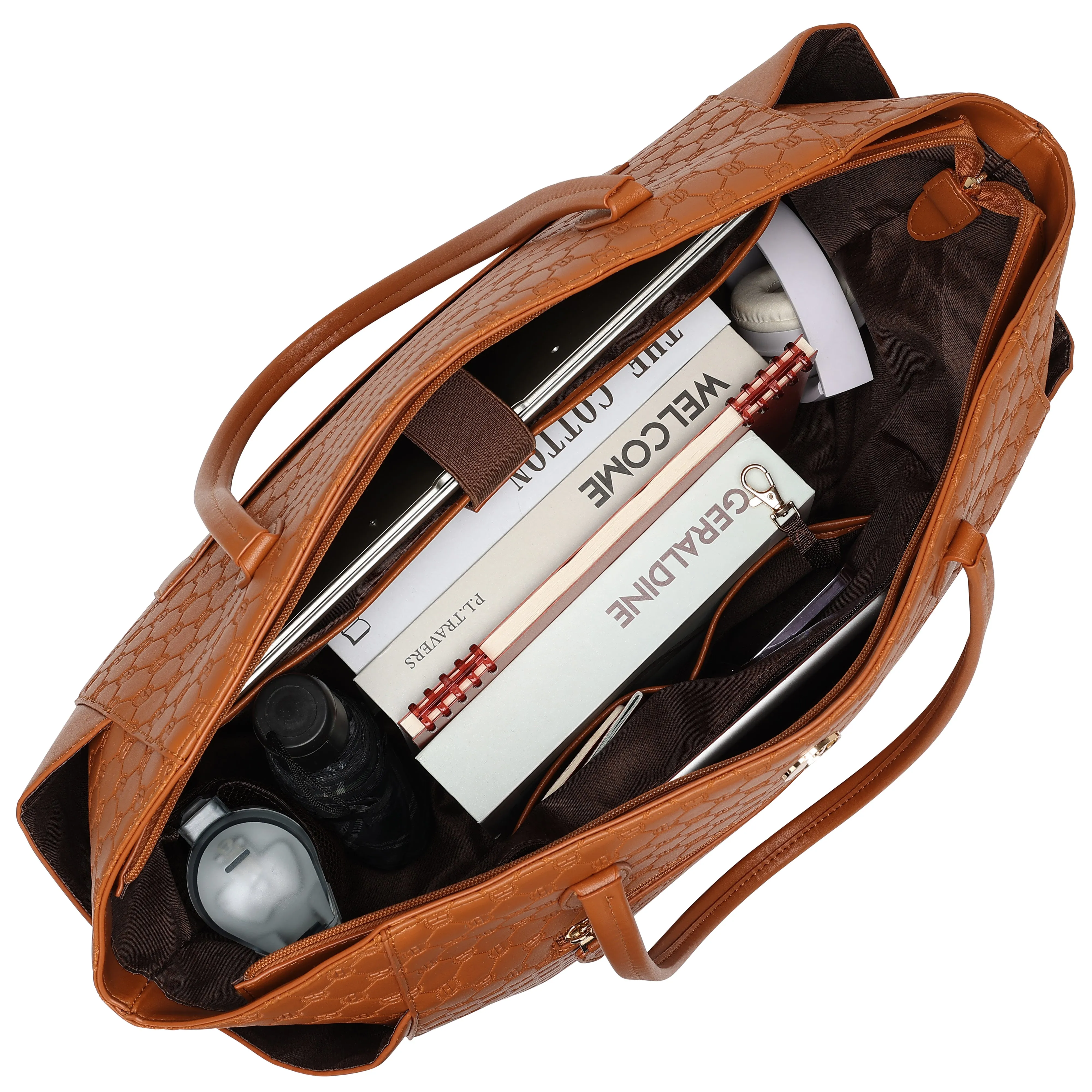 ELLE Compass 32L Vegan Leather Monogram Weekender Tote Bag | Brown