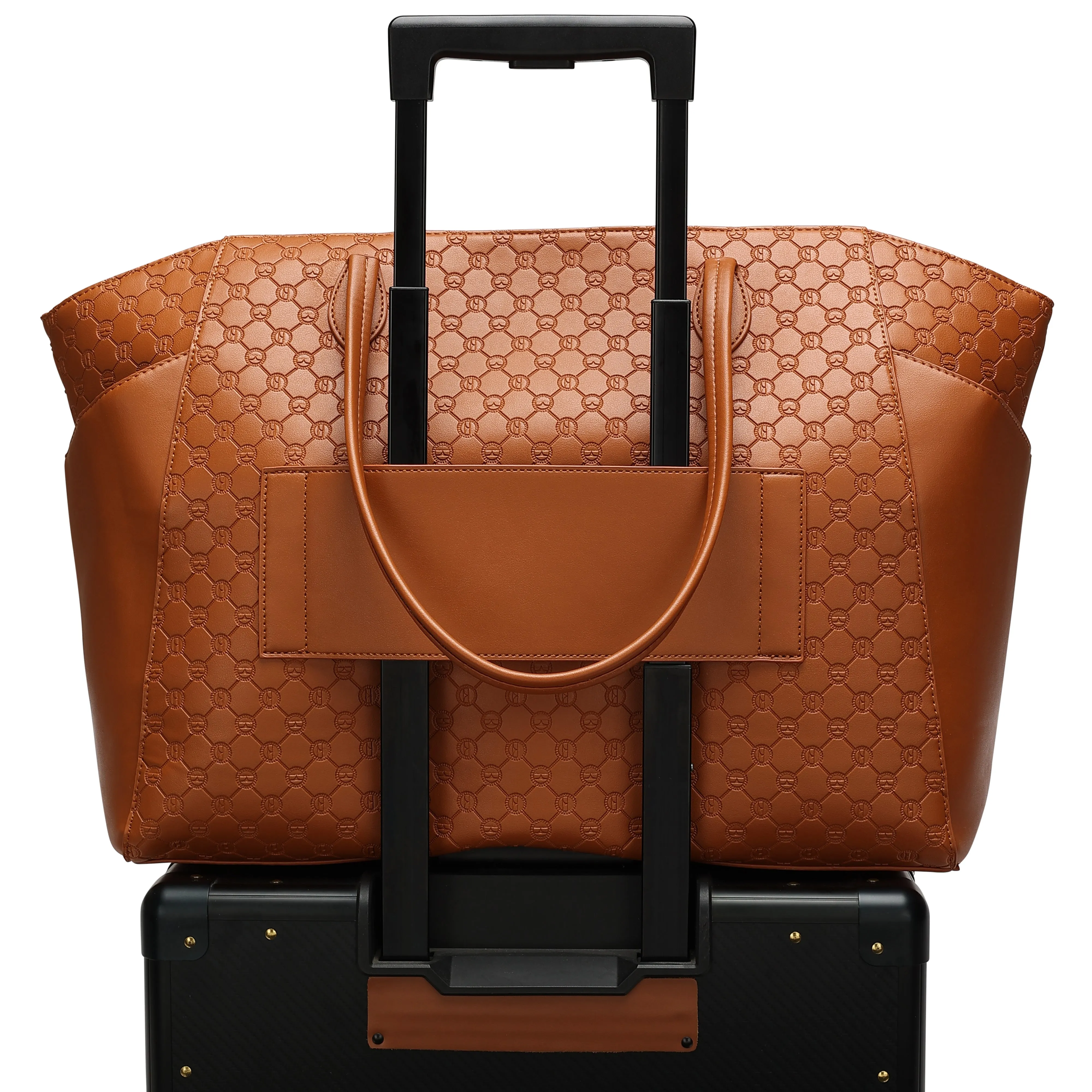 ELLE Compass 32L Vegan Leather Monogram Weekender Tote Bag | Brown