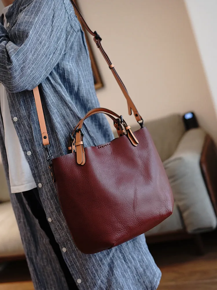 Fashion Classic Red Brown Leather Tote Handbag Women Square Tote Shoulder Bag for Women