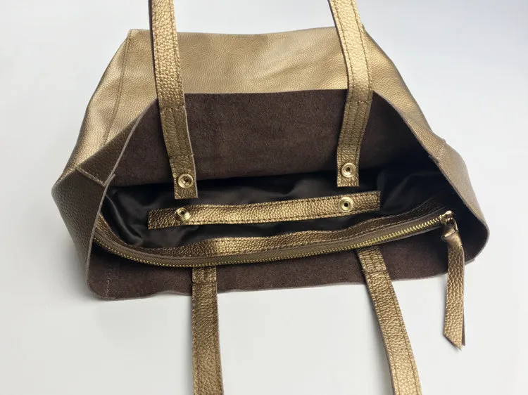 Fashion Womens Bronze Silver Leather Vertical Tote Bags Bronze Silver Shoulder Tote Bag Handbag Tote For Women