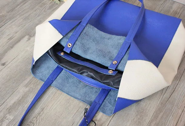 Genuine Leather Bag Handmade Color Block Tote Bag Shoulder Bag Handbag For Women