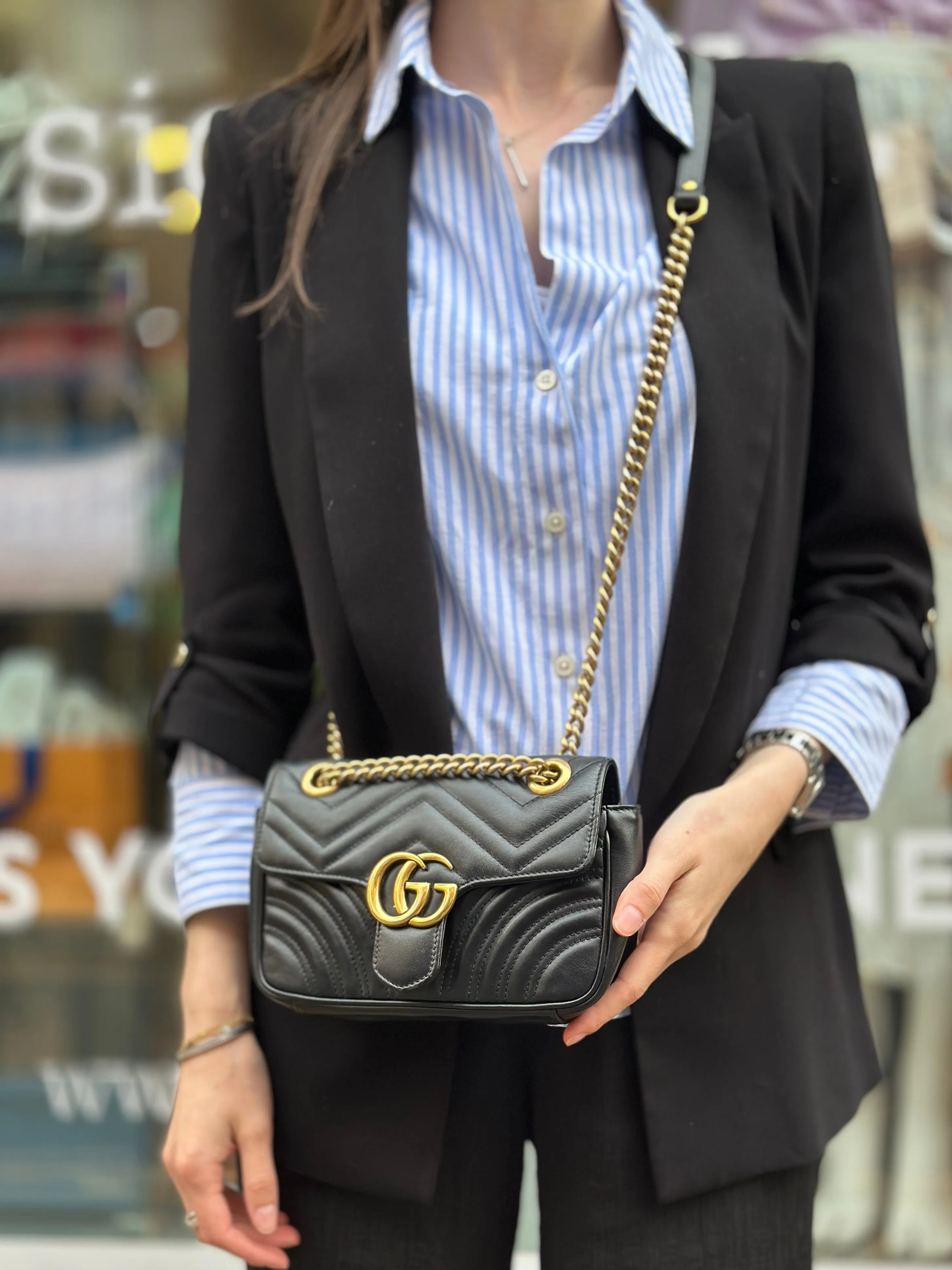 Gucci Black Leather Small GG Marmont GG Crossbody