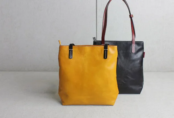 Handmade leather tote bag black yellow vintage shoulder bag shopper bag women