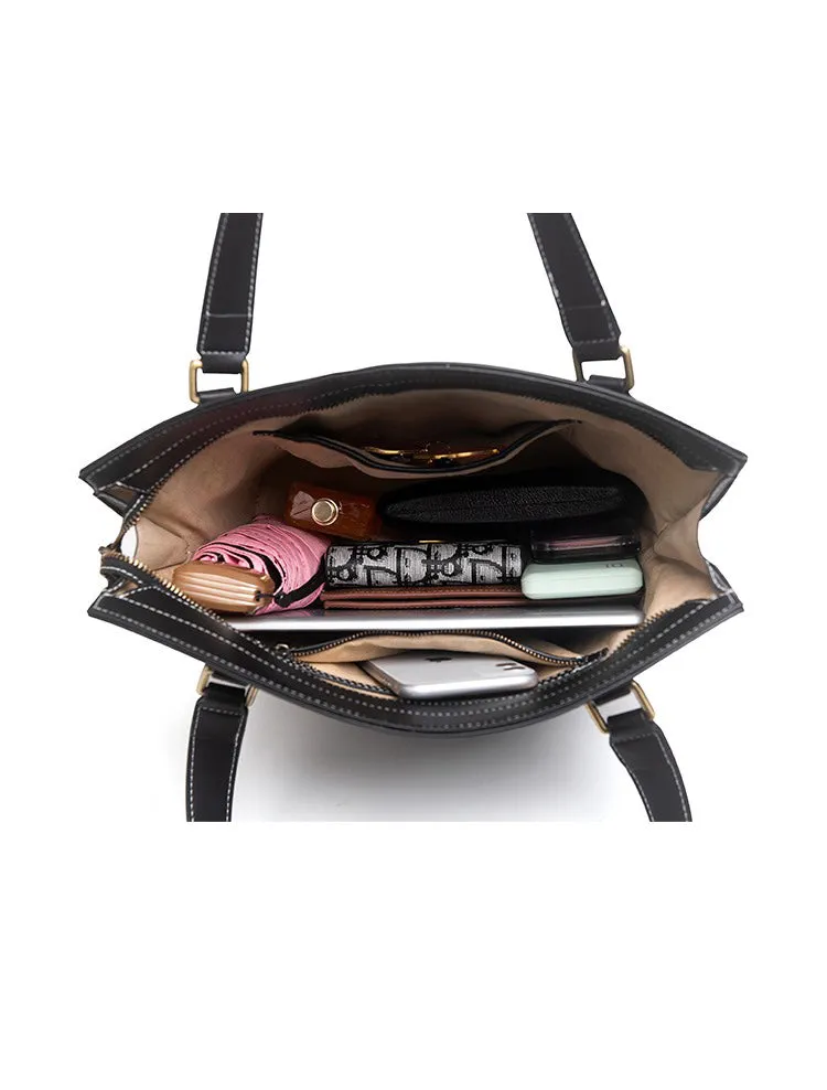 Handmade Womens Black Leather Tote Handbag Purse Birds Tote Bag for Women