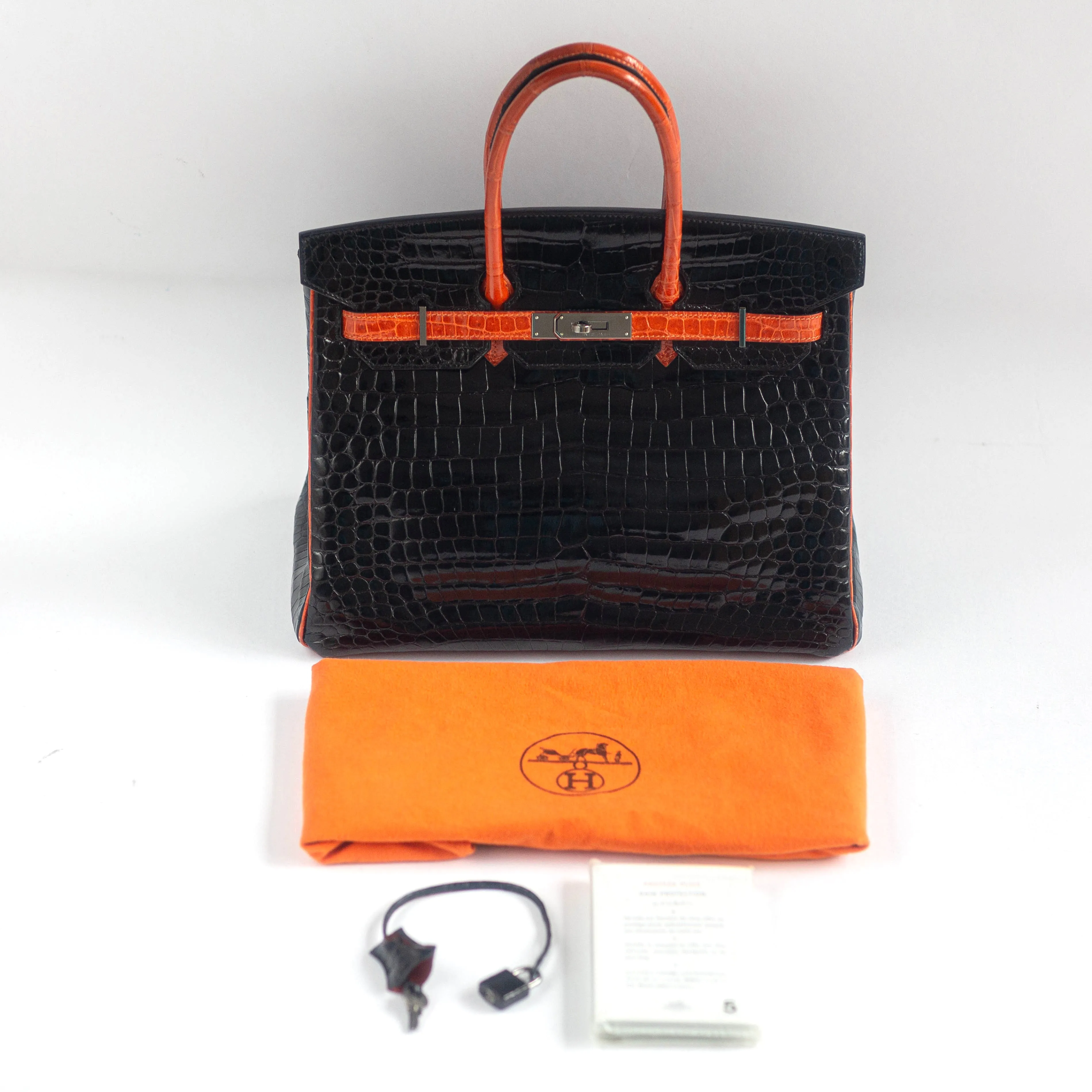 HERM??S - BIRKIN 35 LIMITED EDITION HANDBAG IN BLACK AND ORANGE SHINY POROSUS CROCODILE WITH RUTHENIUM HARDWARE