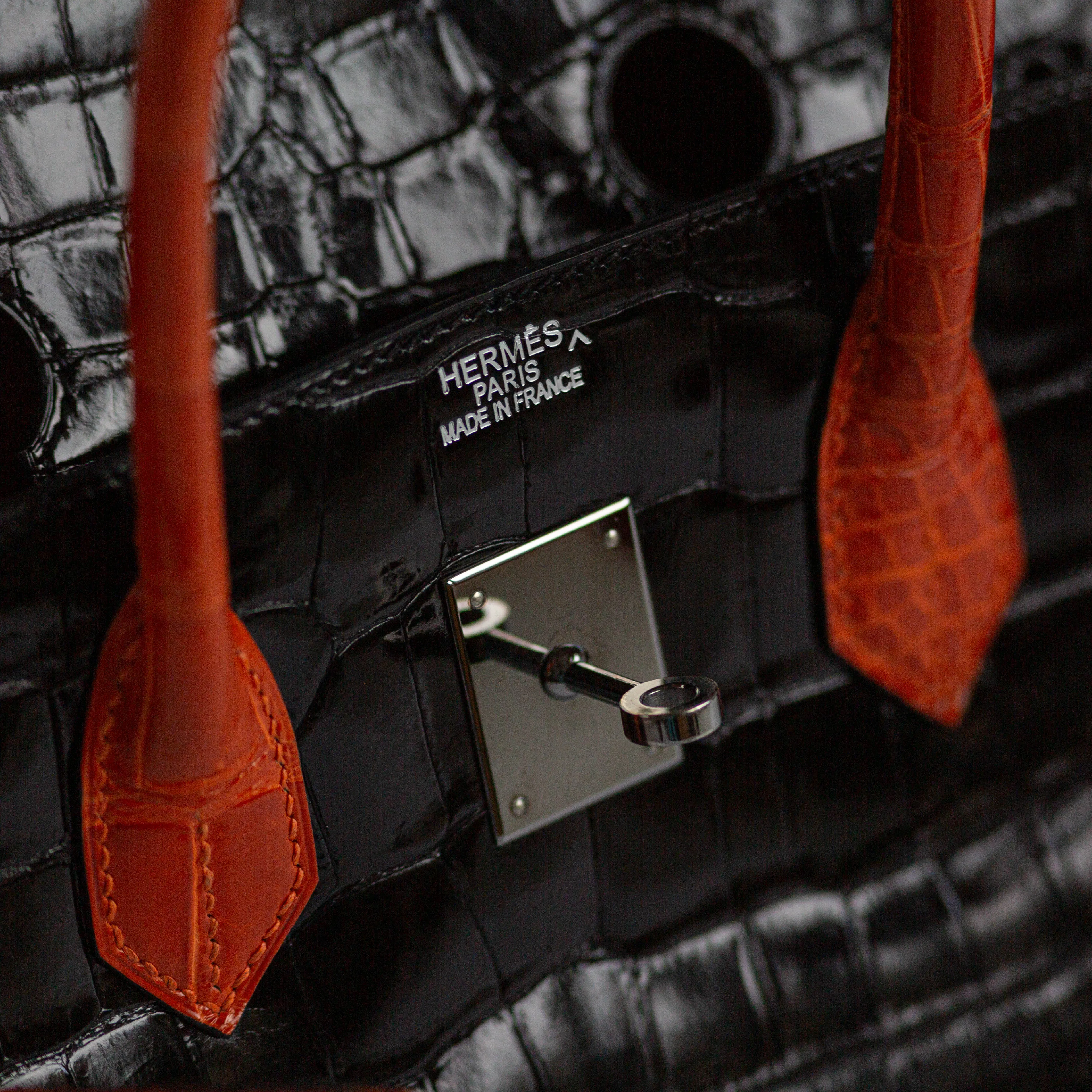 HERM??S - BIRKIN 35 LIMITED EDITION HANDBAG IN BLACK AND ORANGE SHINY POROSUS CROCODILE WITH RUTHENIUM HARDWARE
