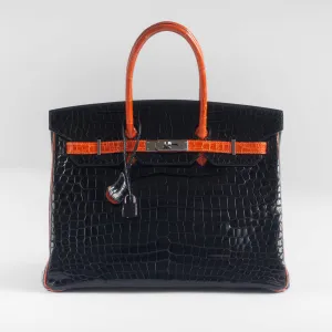 HERM??S - BIRKIN 35 LIMITED EDITION HANDBAG IN BLACK AND ORANGE SHINY POROSUS CROCODILE WITH RUTHENIUM HARDWARE