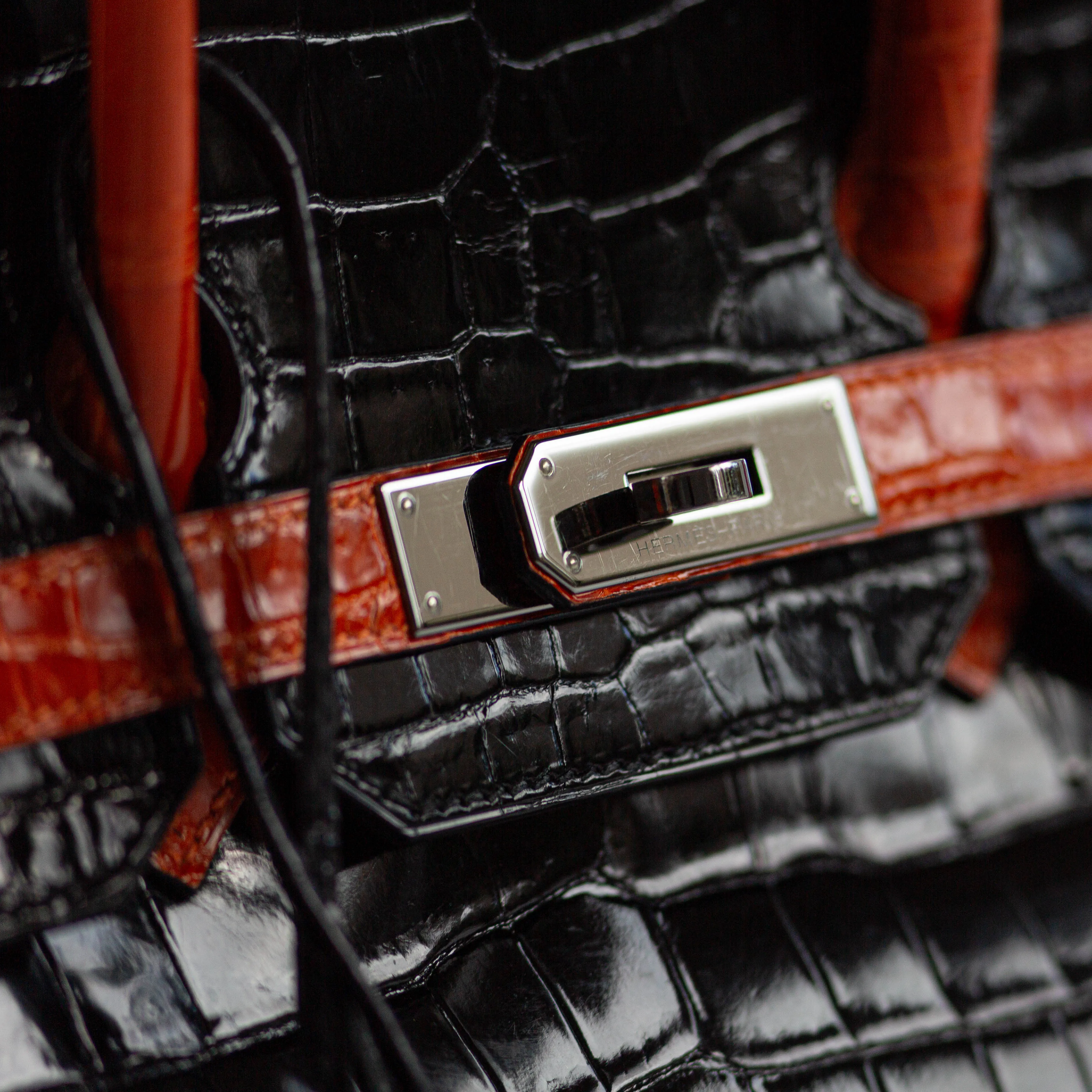 HERM??S - BIRKIN 35 LIMITED EDITION HANDBAG IN BLACK AND ORANGE SHINY POROSUS CROCODILE WITH RUTHENIUM HARDWARE