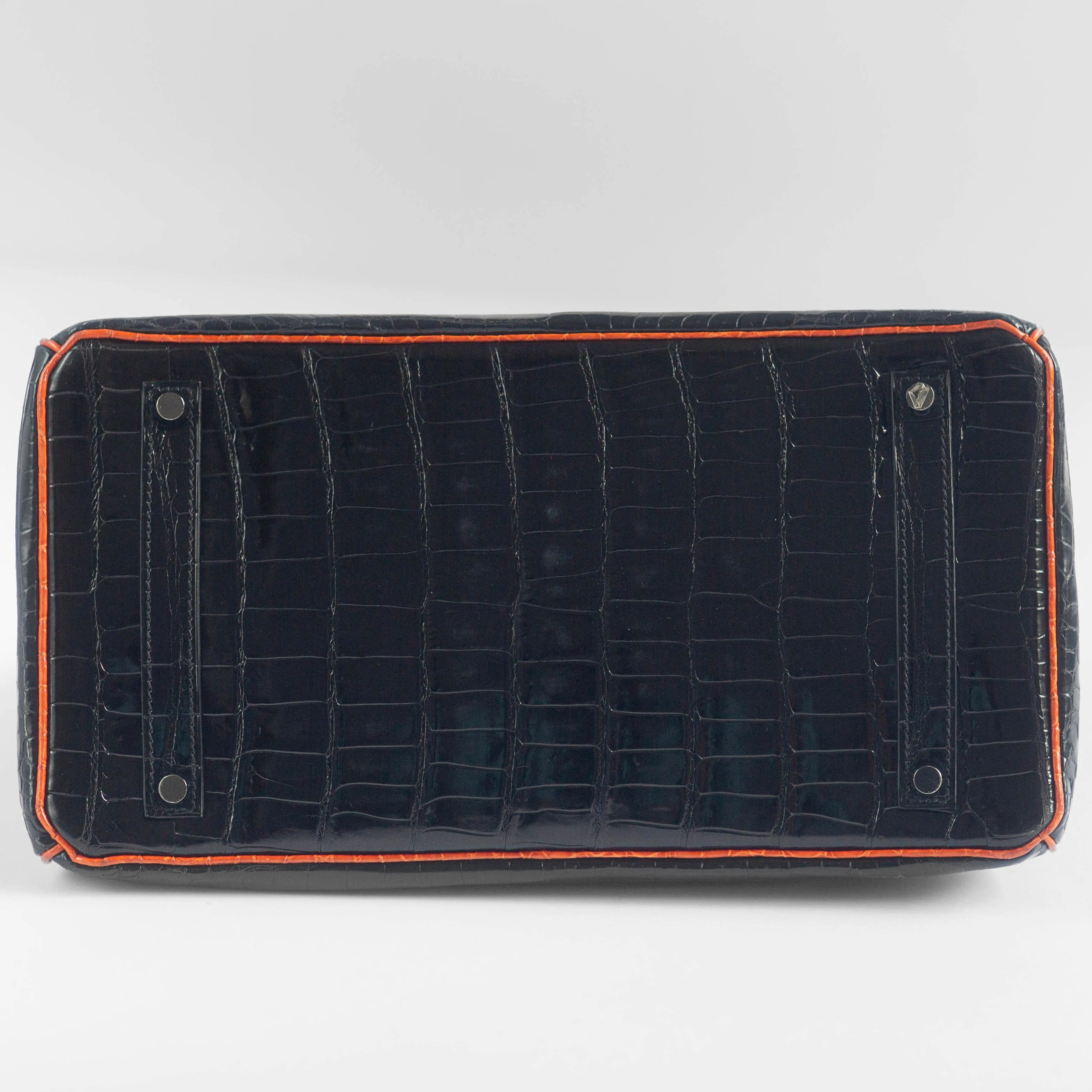 HERM??S - BIRKIN 35 LIMITED EDITION HANDBAG IN BLACK AND ORANGE SHINY POROSUS CROCODILE WITH RUTHENIUM HARDWARE