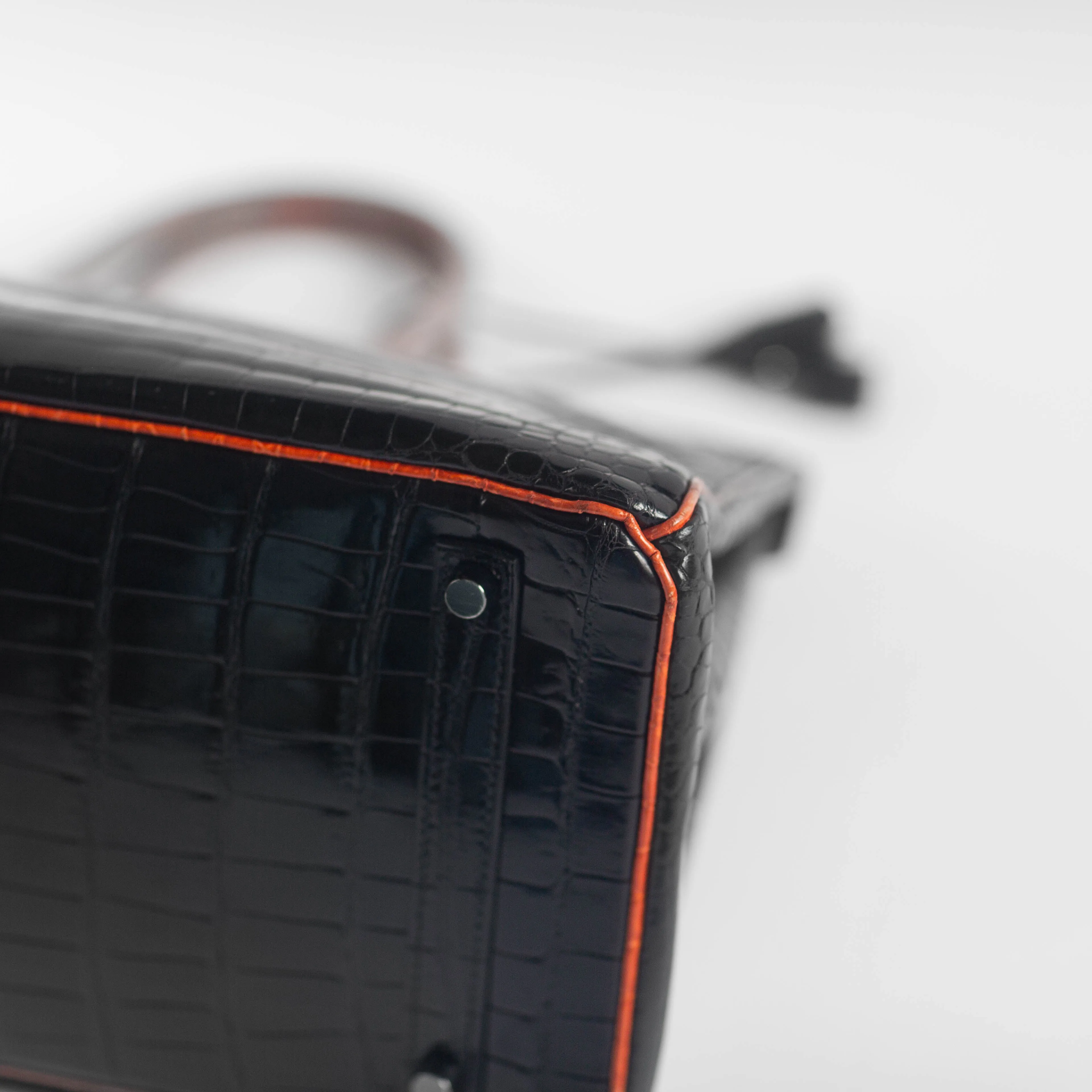 HERM??S - BIRKIN 35 LIMITED EDITION HANDBAG IN BLACK AND ORANGE SHINY POROSUS CROCODILE WITH RUTHENIUM HARDWARE