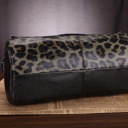 Large Elegant Cowhide Leather Shoulder Bag with Leopard Print Accent and Floral Print, Fashion Leather Handbag