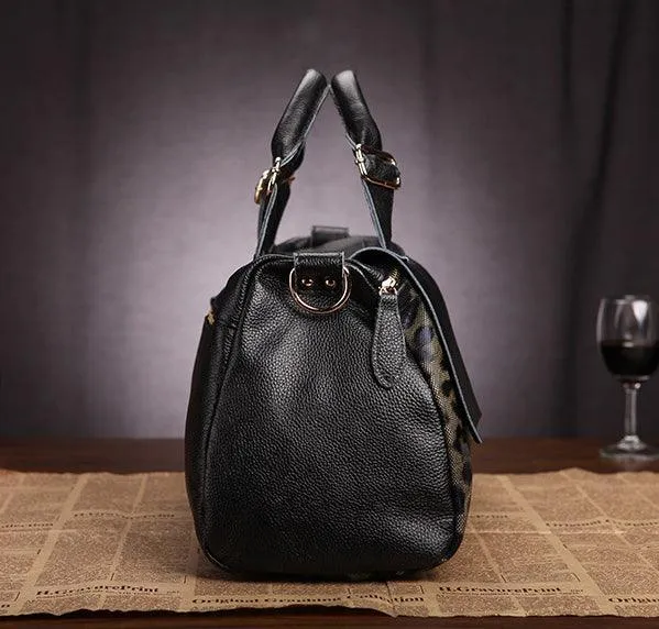 Large Elegant Cowhide Leather Shoulder Bag with Leopard Print Accent and Floral Print, Fashion Leather Handbag