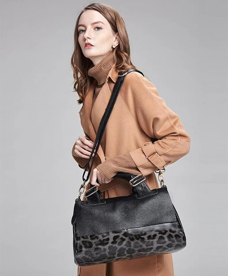 Large Elegant Cowhide Leather Shoulder Bag with Leopard Print Accent and Floral Print, Fashion Leather Handbag