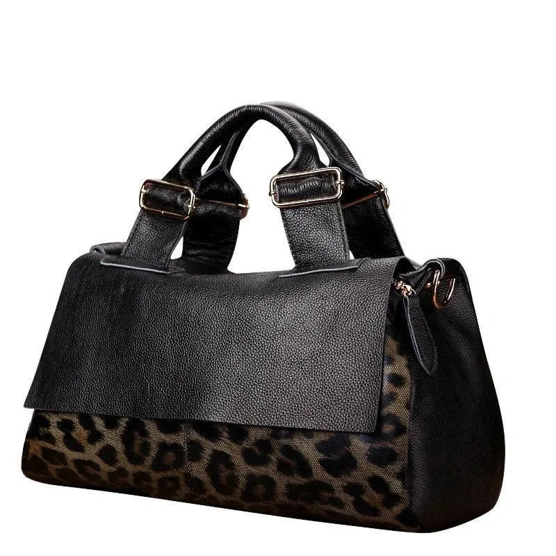 Large Elegant Cowhide Leather Shoulder Bag with Leopard Print Accent and Floral Print, Fashion Leather Handbag