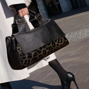 Large Elegant Cowhide Leather Shoulder Bag with Leopard Print Accent and Floral Print, Fashion Leather Handbag