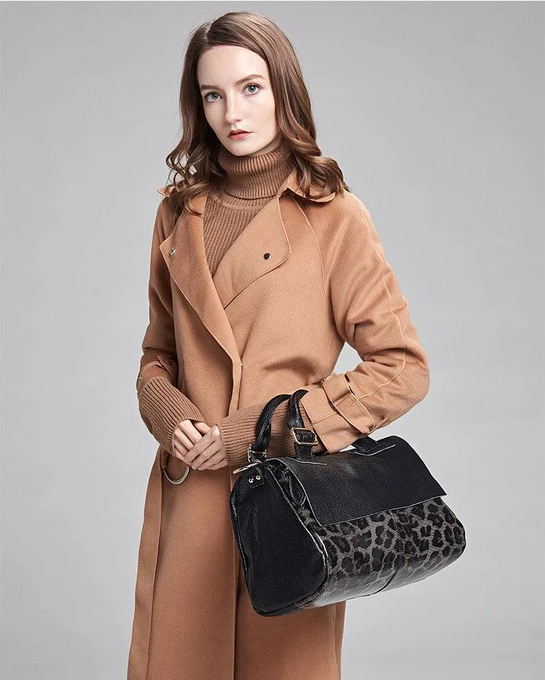 Large Elegant Cowhide Leather Shoulder Bag with Leopard Print Accent and Floral Print, Fashion Leather Handbag