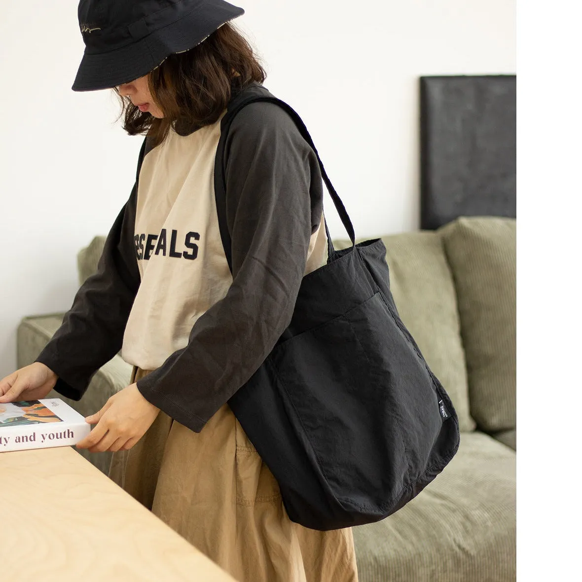 Large Nylon Tote Bag Womens Black Nylon Huge Tote Bag Minimalist Nylon Tote Bag With Zipper
