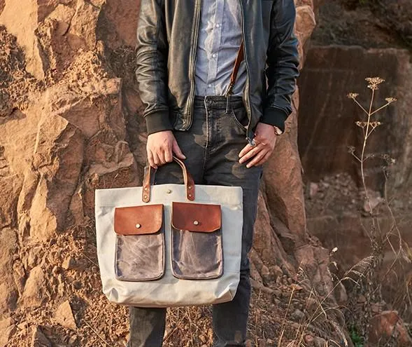 Mens Leather Canvas Large Handbag Canvas Tote Bag Canvas Briefcase for Men