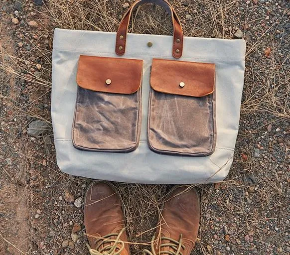 Mens Leather Canvas Large Handbag Canvas Tote Bag Canvas Briefcase for Men