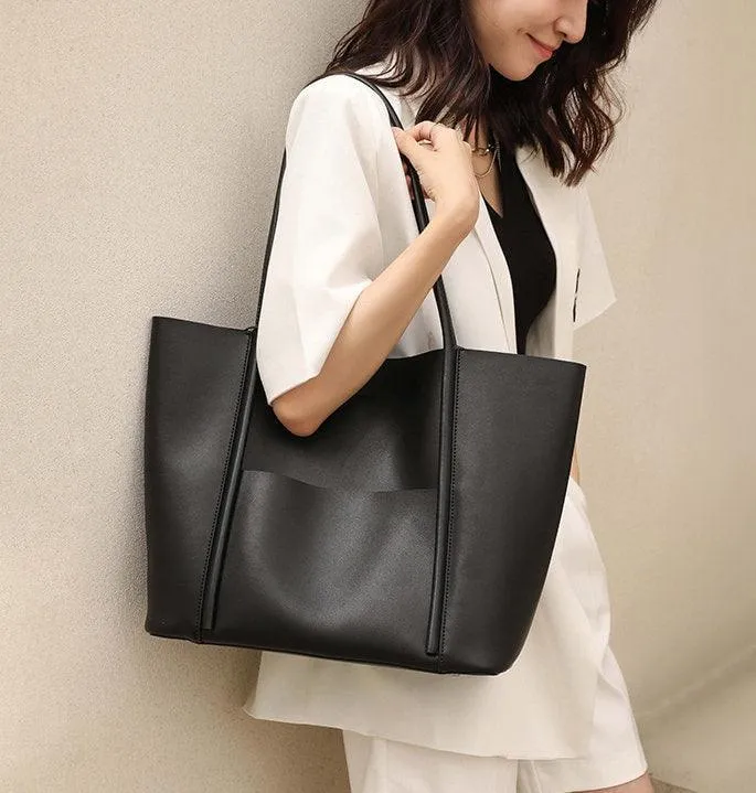 Minimalist Genuine Leather Tote Large Handbag, Top Handle Purse, Soft Leather Black Purse, Beige Leather Weekday Bag, Everyday Bag