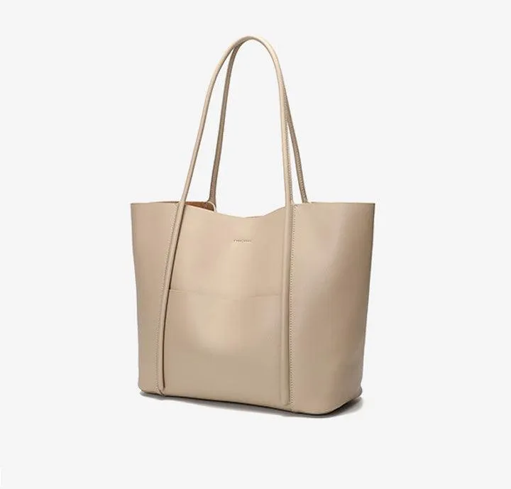 Minimalist Genuine Leather Tote Large Handbag, Top Handle Purse, Soft Leather Black Purse, Beige Leather Weekday Bag, Everyday Bag